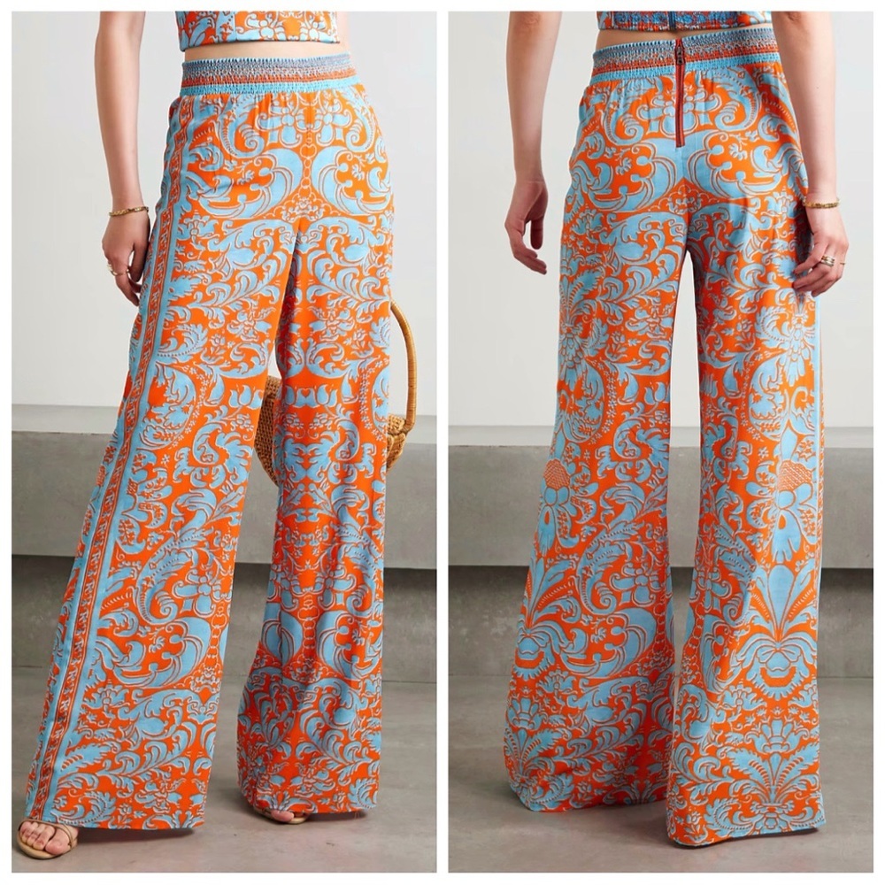 Alice + Olivia Athena Smocked Waistband Wide Leg Sienna Orange Blue Pant - Picture 15 of 17